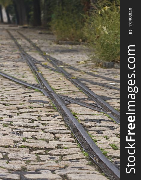 Old tram rails on cobblestone