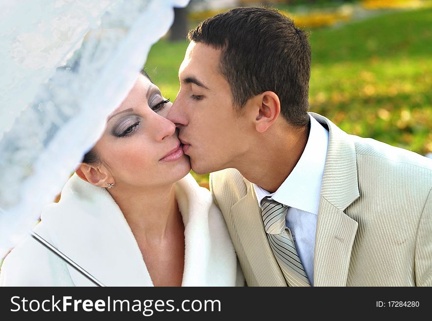 Groom is kissing his beautiful bride in the park. Groom is kissing his beautiful bride in the park