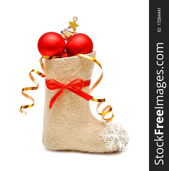 Children's boot with gifts on white. Children's boot with gifts on white