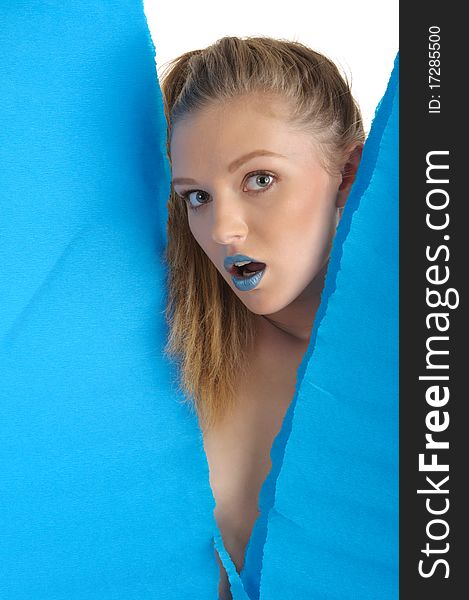 Young woman with blue sheet of paper