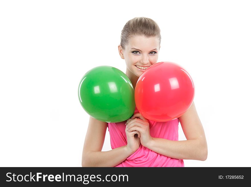 Young Happy Girl With Balloons Over White