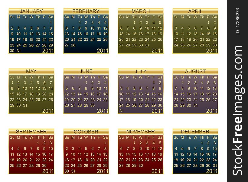 Calender for 2011 in gold and season colours isolated on white