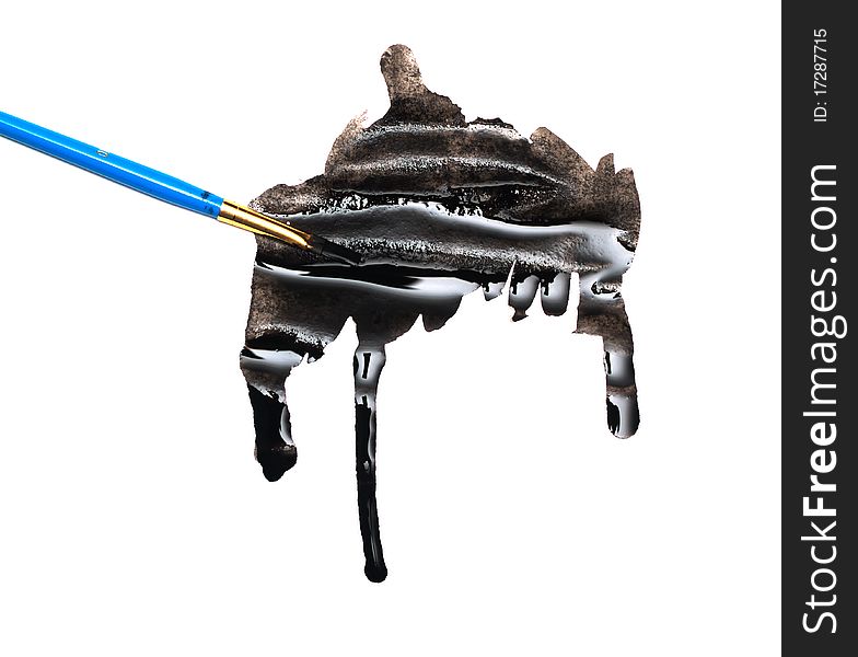 Black paint and a brush on a white background