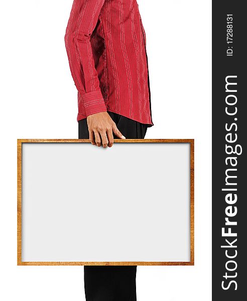 Man in nice red suit holding a big blank board. Man in nice red suit holding a big blank board