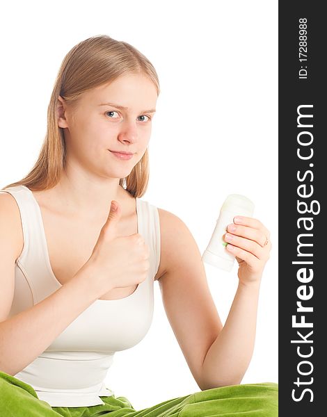 Portrait of young woman with deodorant