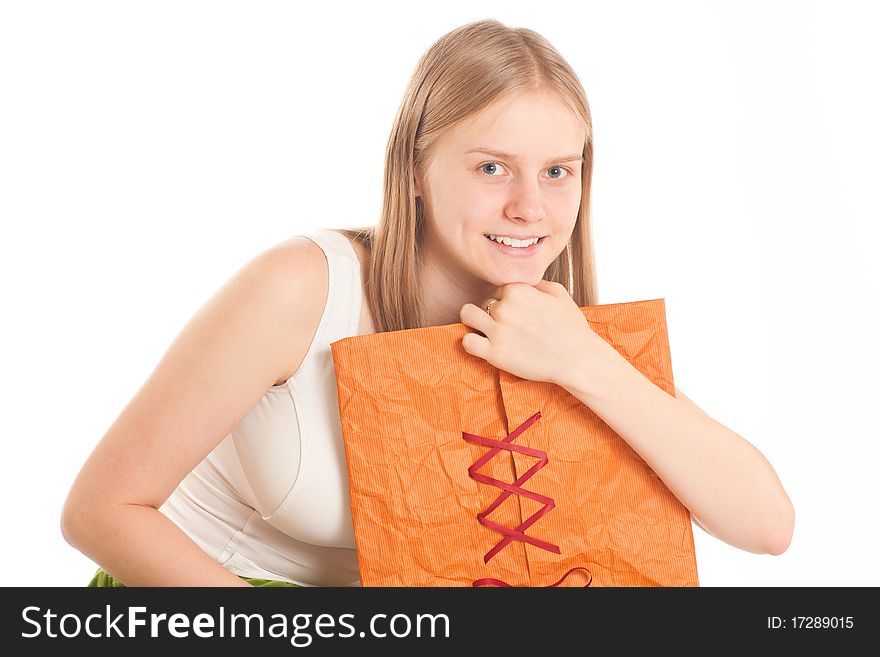 Woman sit with gift bag