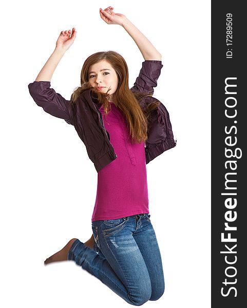 Teenage girl is jumping. Isolated on white background