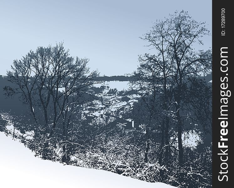 Vector image. Winter landscape with views of snow-covered trees, which are visible through the branches of city homes