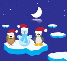 An Owl, A Penguin And A Snowman On The Ice Floe Royalty Free Stock Images An Owl, A Penguin And A Snowman On The Ice Floe Royalty Free Stock Images