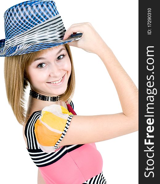 A cute teen girl tipping her hat, isolated