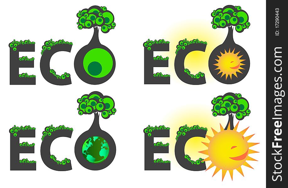 Four ecology logo concept with green tree and sun. Four ecology logo concept with green tree and sun