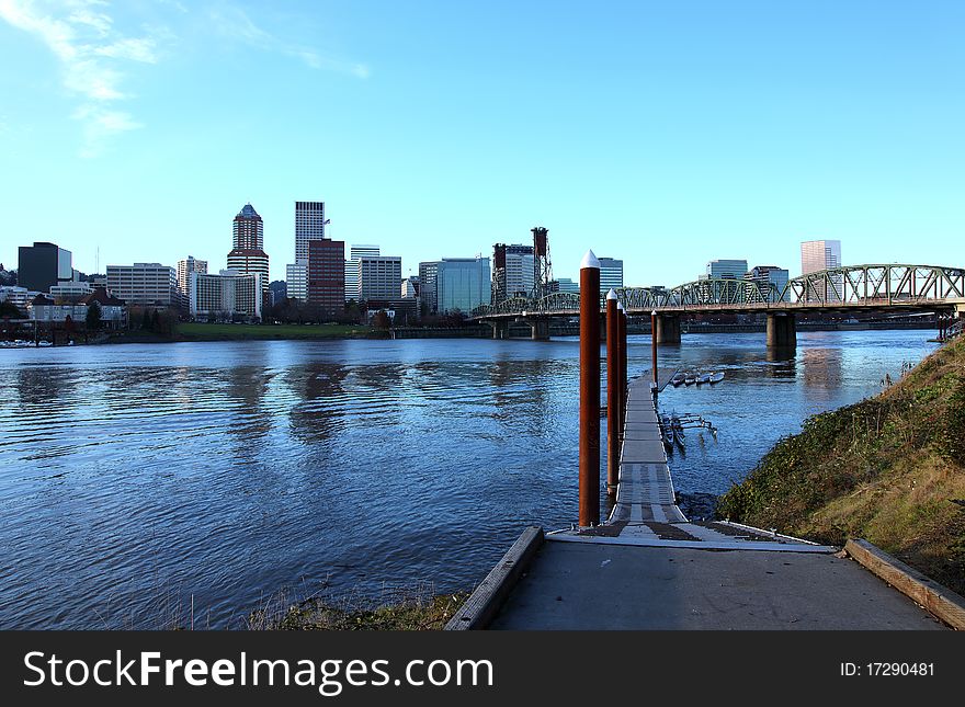 Portland skyline at sunset from the boat ramp on the east side of the river. Portland skyline at sunset from the boat ramp on the east side of the river.