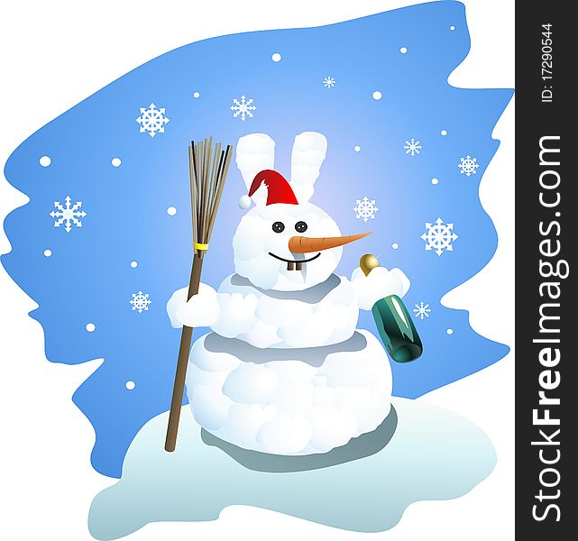 Snow man-rabbit with a broom and bottle