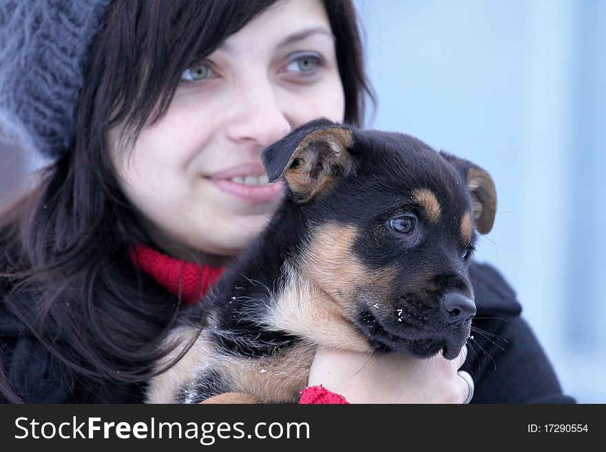 Girl and little dog - german sherherd