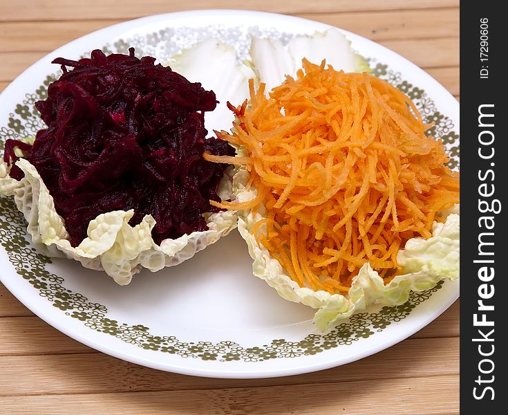 Fresh grated carrots and beets on a piece of lettuce