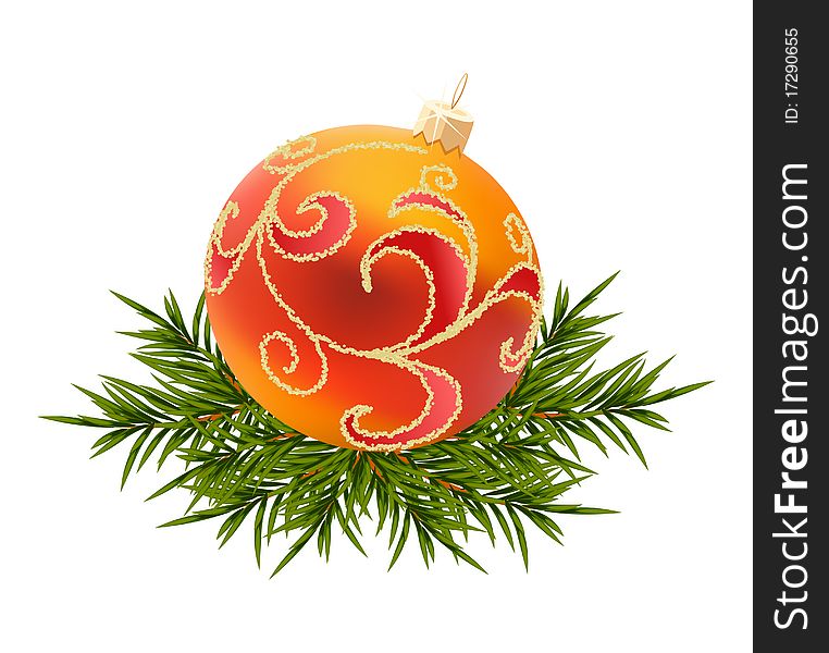 Vector Christmas ball with green New year tree background