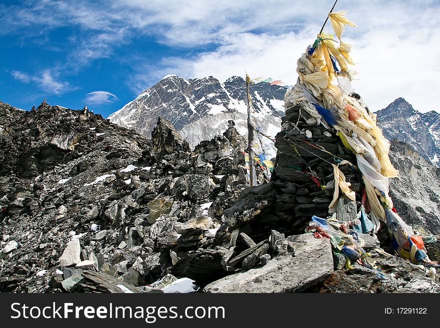 Prayer flags on a top of Kongma La pass, Nepal