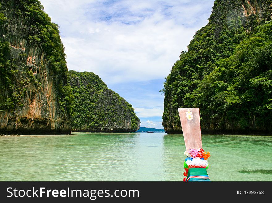 Maya Bay view from long tail boat, Phi phi Island, Krabi Province, South of Thailand.