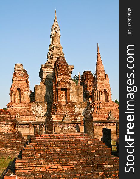 Ruins of the ancient temple in Sukhotai - the old capital of Thailand. Sukhotai historical park in Thailand.