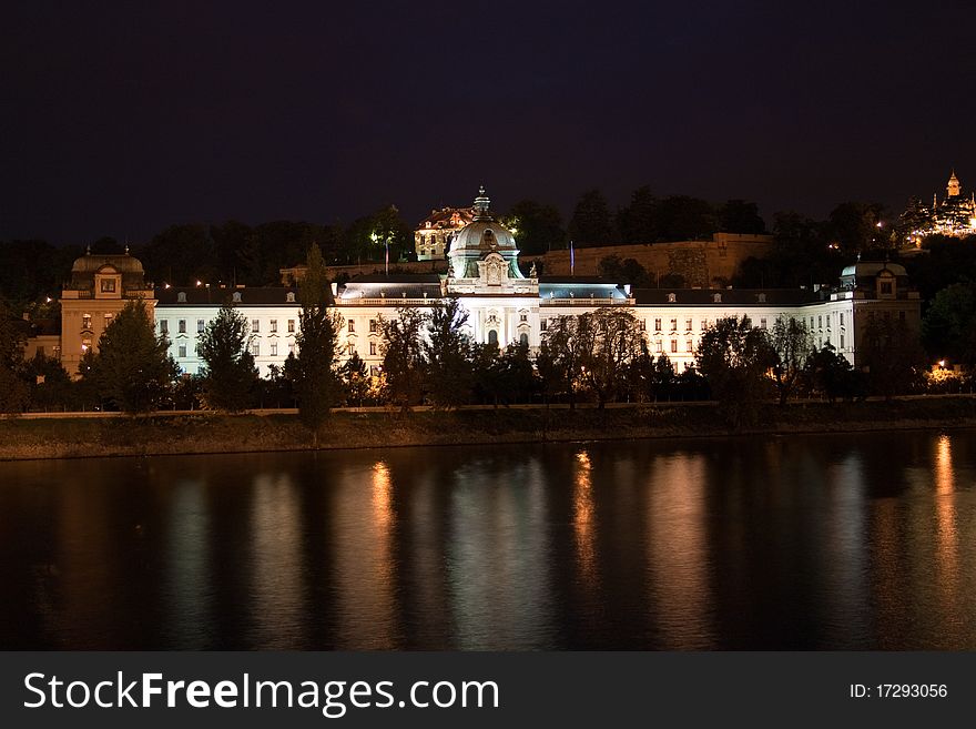 Straka's Academy seat of Czech government at night