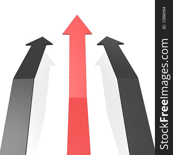 Curved black arrow pointing upwards, and a red pointing upwards. 3d computer modeling. Curved black arrow pointing upwards, and a red pointing upwards. 3d computer modeling