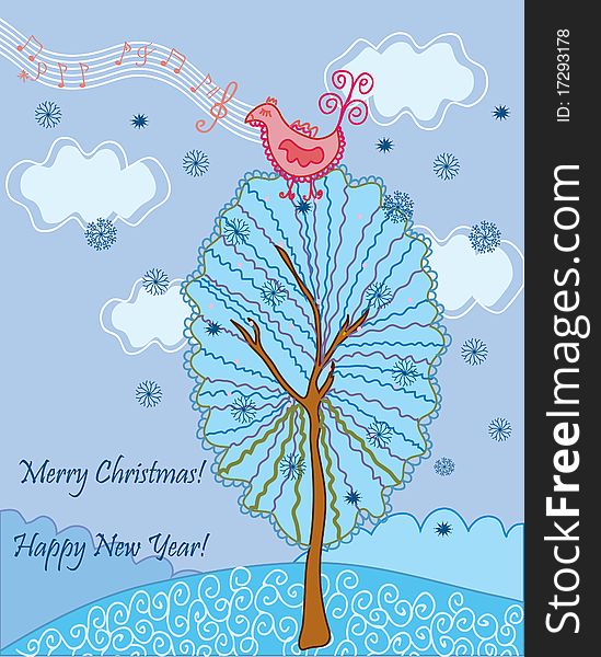 Christmas card with bird song and tree