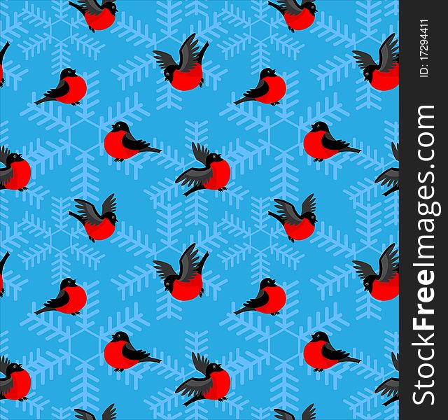 Pattern With Bullfinches And Snowflakes