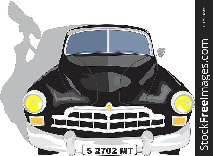 Vector image black car front view of 1930-1950's with a silhouette of a girl. Vector image black car front view of 1930-1950's with a silhouette of a girl