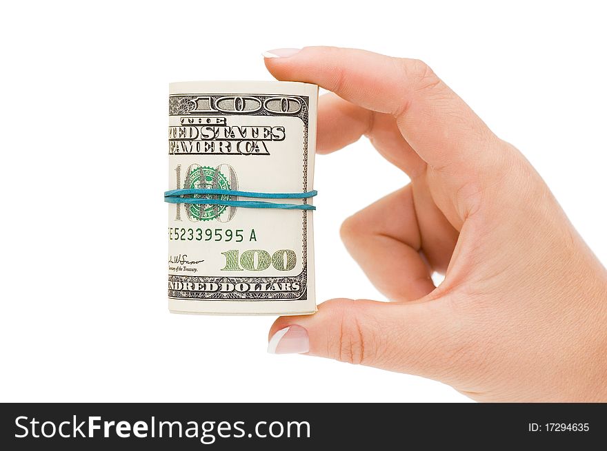 Hand with money isolated on white background