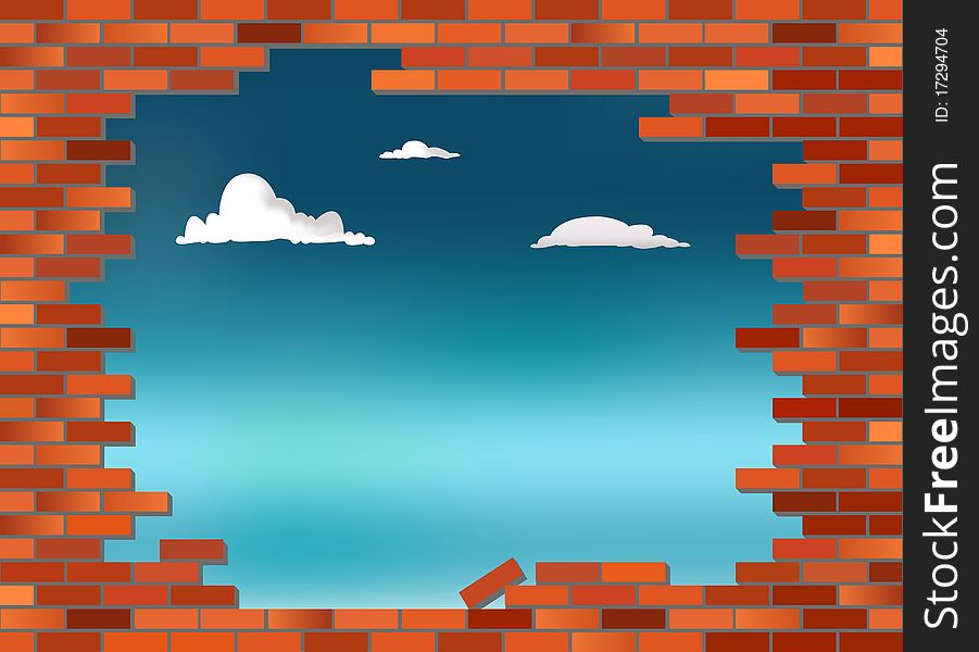 Retro red brick wall vector, partly collapsed with blue sky in background. Retro red brick wall vector, partly collapsed with blue sky in background