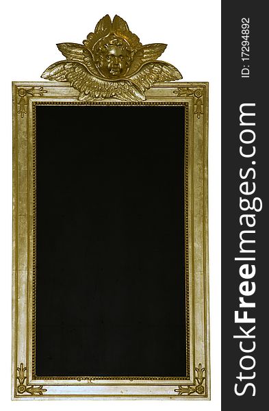 Empty blackboard with angel head centered on golden frame. Empty blackboard with angel head centered on golden frame