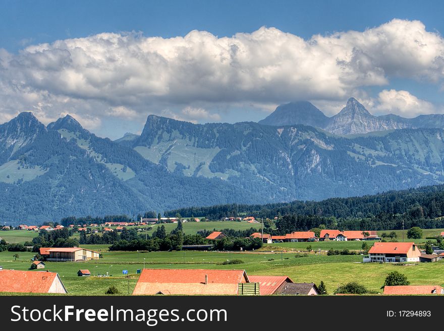 Swiss Alps landscape in a rural part of Switzerland.