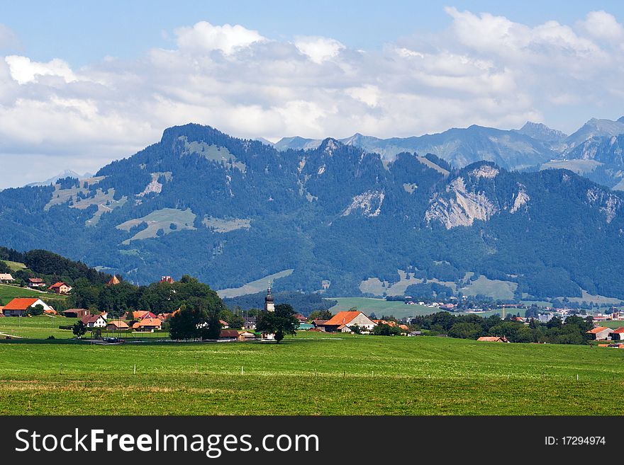 Swiss Alps landscape in a rural part of Switzerland.