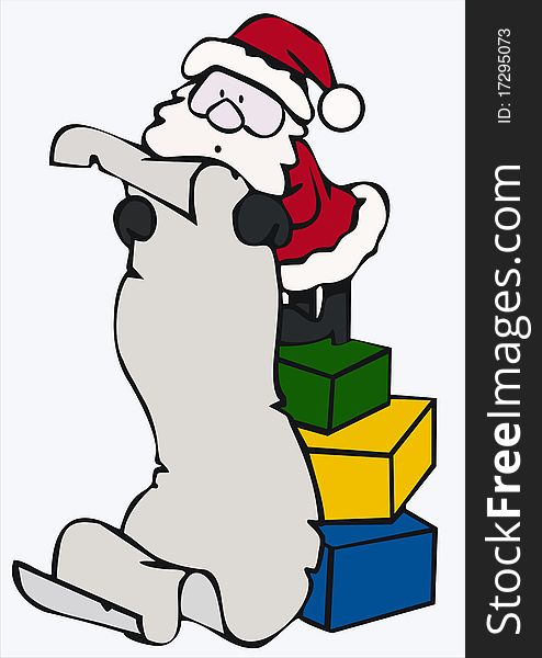 An illustration of a Santa Claus standing on boxes. He reads for entry