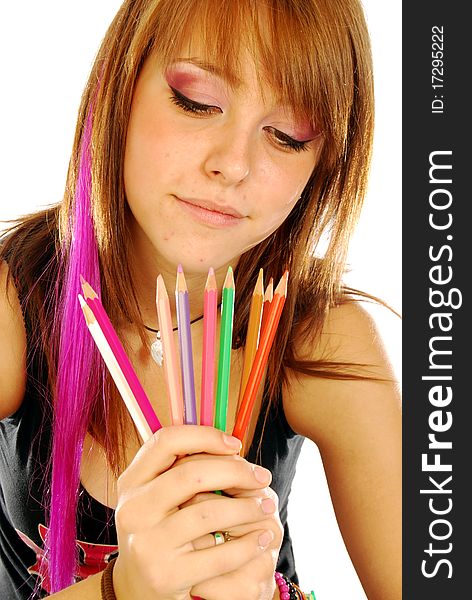 002: A girl plays with colored pencils on white background. 002: A girl plays with colored pencils on white background