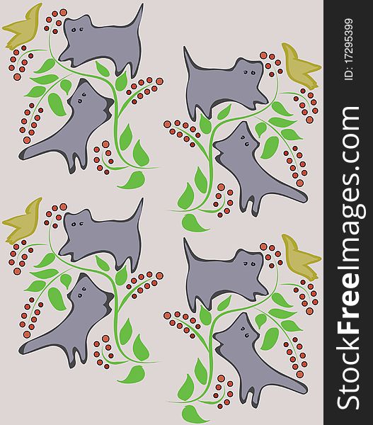 Funny background with cats on a tree trying to catch birds. Funny background with cats on a tree trying to catch birds.