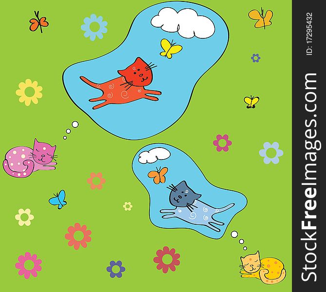 Funny seamless vector background with cats dreams about flowers and butterflies. Funny seamless vector background with cats dreams about flowers and butterflies.