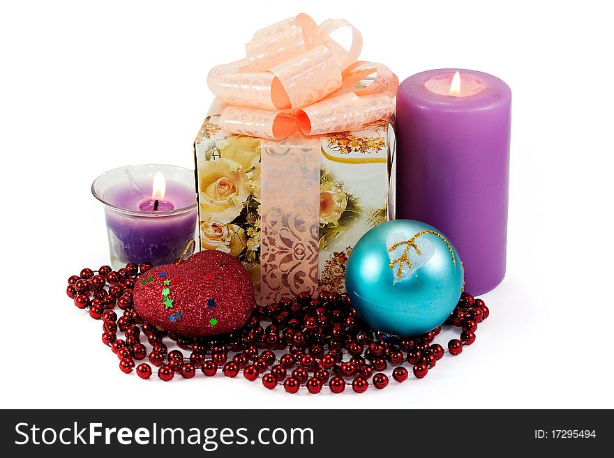 Christmas gift, candles and Christmas decorations isolated on white background. Christmas gift, candles and Christmas decorations isolated on white background