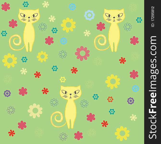 Seamless cat and flowers background.