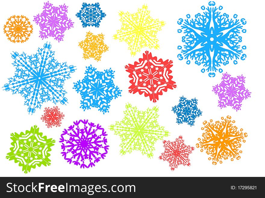 Collection of five snowflakes and thier color vaiations. Collection of five snowflakes and thier color vaiations