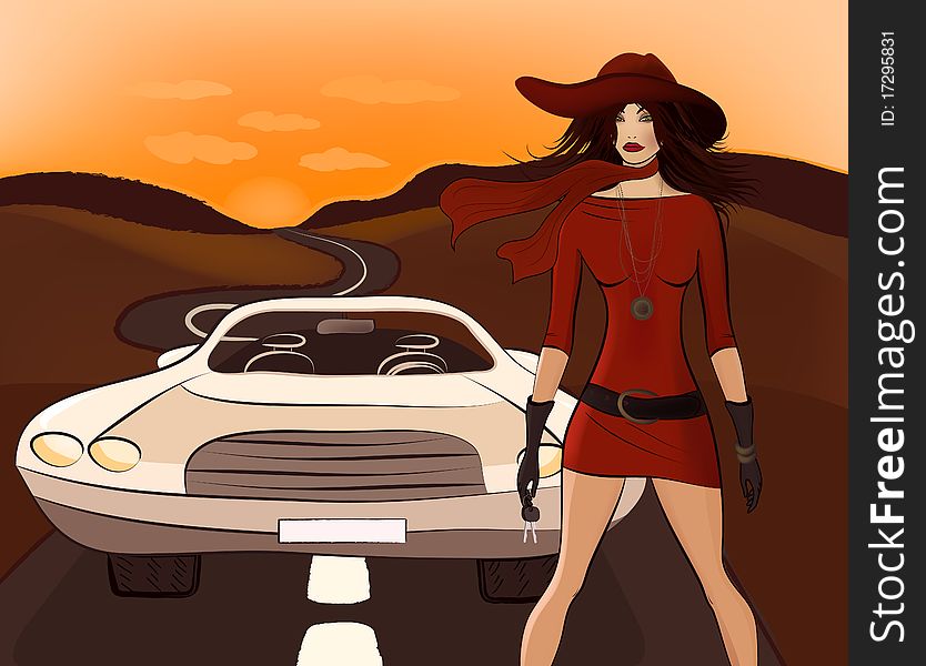Vector illustration with beauty model and car. Vector illustration with beauty model and car