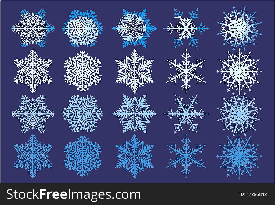 Collection of five snowflakes and thier color vaiations. Collection of five snowflakes and thier color vaiations