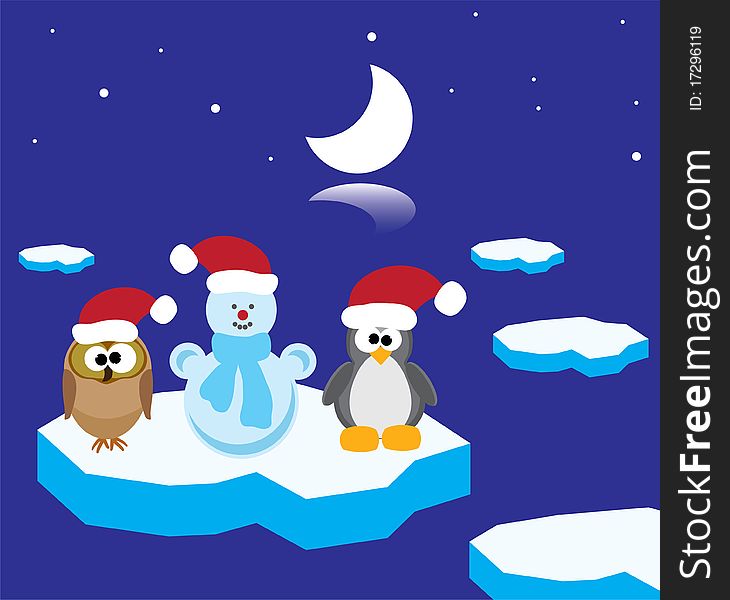 An Owl, A Penguin And A Snowman On The Ice Floe