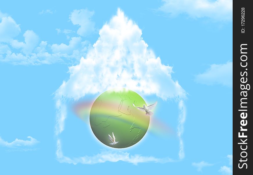 Illustration of Earth globe in house of clouds. Illustration of Earth globe in house of clouds