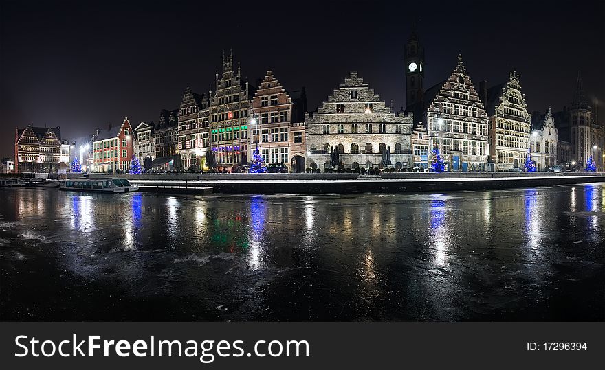 Ghent downtown panoramic view with ice reflections. Ghent downtown panoramic view with ice reflections