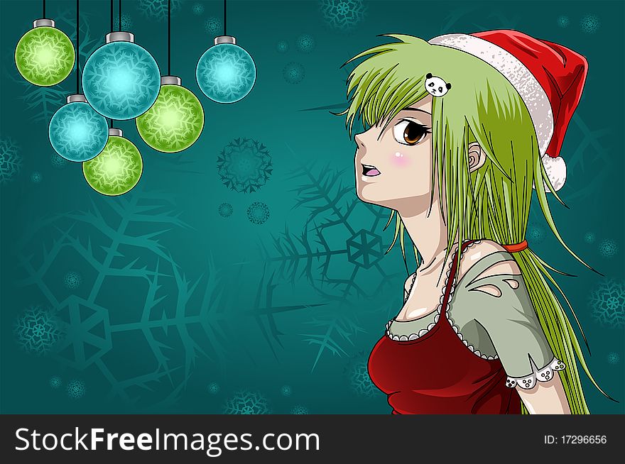 Cute santa girl with snowflake background, drawn anime style. Cute santa girl with snowflake background, drawn anime style