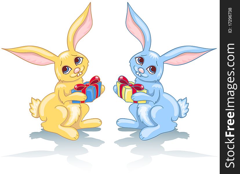 Two rabbits and gift. Blue and yellow. Isolated on white. Vector illustration.