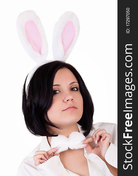 Portrait of a girl dressed as a rabbit on a white background. Portrait of a girl dressed as a rabbit on a white background