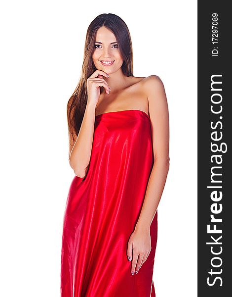 Fashion girl in red dress on the white background