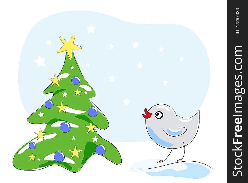 A little bird looking at a beautiful Christmas tree. A little bird looking at a beautiful Christmas tree
